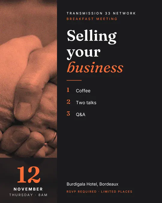 Sample flyer, "Column · Orange on charcoal" template, Business meetup: "Selling your business"