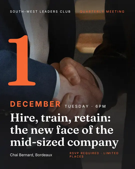Sample flyer, "Giant date · Orange on charcoal" template, Business meetup: "Hire, train, retain: the new face of the mid-sized company"