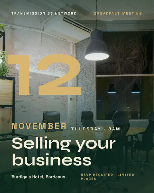 Sample flyer, "Giant date · Golden emerald" template, Business meetup: "Selling your business"