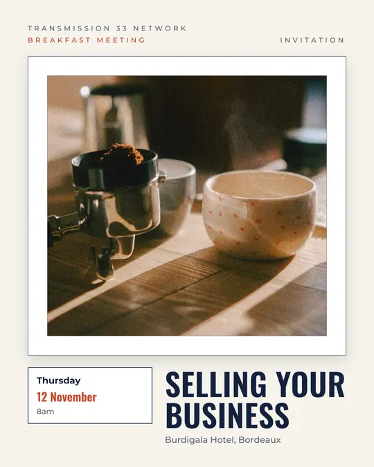Sample flyer, "Gallery · Paper and navy" template, Business meetup: "Selling your business"