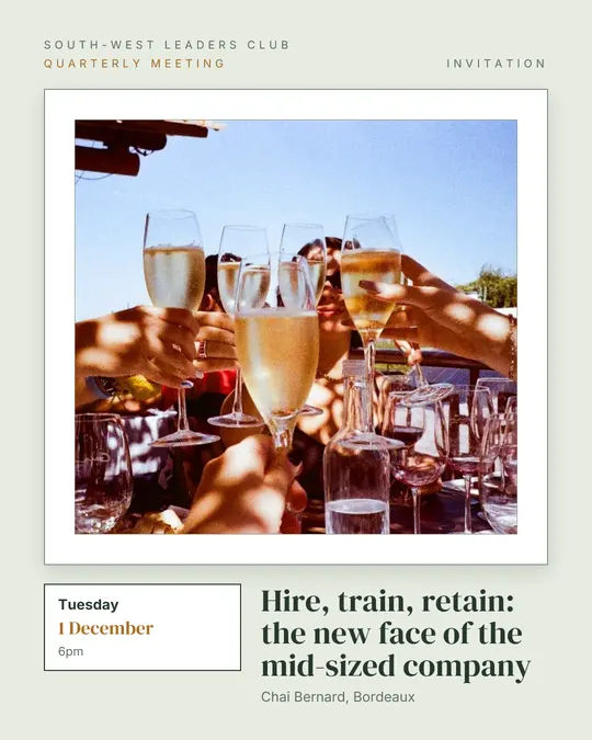 Sample flyer, "Gallery · Sage and ochre" template, Business meetup: "Hire, train, retain: the new face of the mid-sized company"