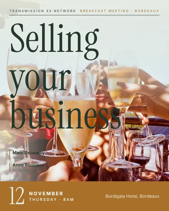 Sample flyer, "Cover · Sage and ochre" template, Business meetup: "Selling your business"