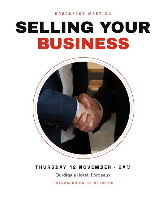Sample flyer, "Medallion · White and red" template, Business meetup: "Selling your business"