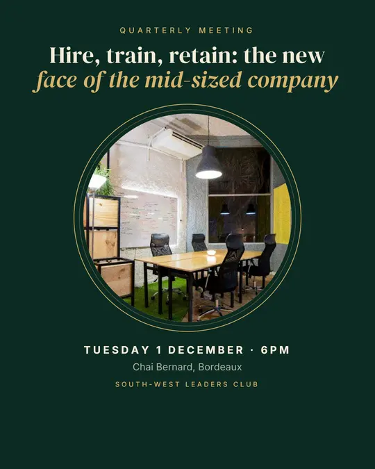 Sample flyer, "Medallion · Golden emerald" template, Business meetup: "Hire, train, retain: the new face of the mid-sized company"