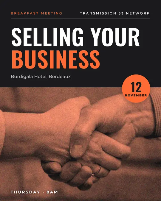 Sample flyer, "Photo foot · Orange on charcoal" template, Business meetup: "Selling your business"