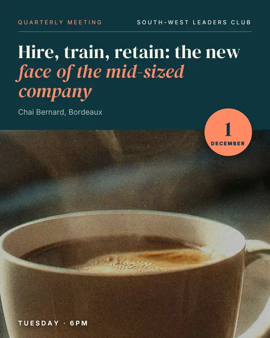 Sample flyer, "Photo foot · Teal and coral" template, Business meetup: "Hire, train, retain: the new face of the mid-sized company"