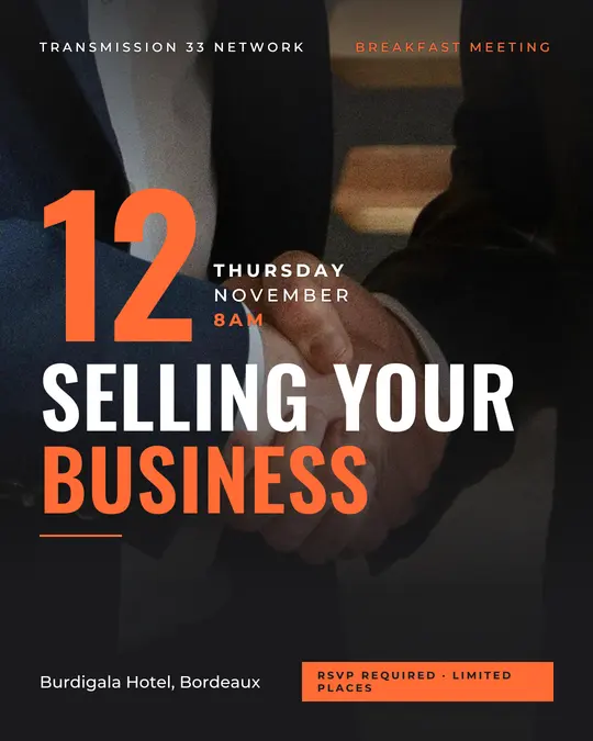 Sample flyer, "Grand poster · Orange on charcoal" template, Business meetup: "Selling your business"