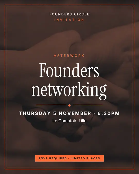 Sample flyer, "Framed card · Orange on charcoal" template, Business meetup: "Founders networking"