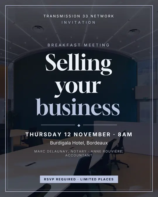 Sample flyer, "Framed card · Silver midnight" template, Business meetup: "Selling your business"