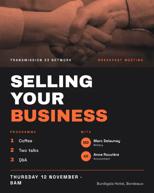 Sample flyer, "Programme · Orange on charcoal" template, Business meetup: "Selling your business"