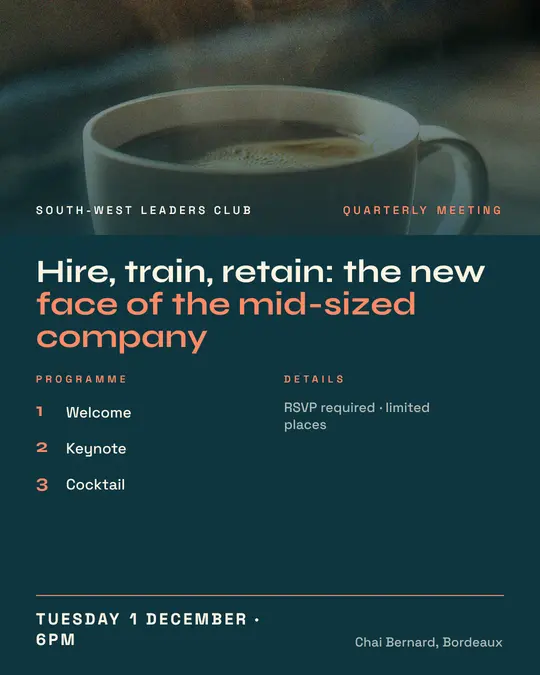 Sample flyer, "Programme · Teal and coral" template, Business meetup: "Hire, train, retain: the new face of the mid-sized company"