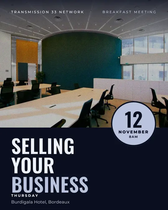 Sample flyer, "Seal · Silver midnight" template, Business meetup: "Selling your business"