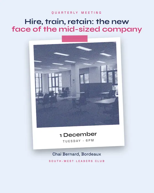 Sample flyer, "Print · Sky and rose" template, Business meetup: "Hire, train, retain: the new face of the mid-sized company"