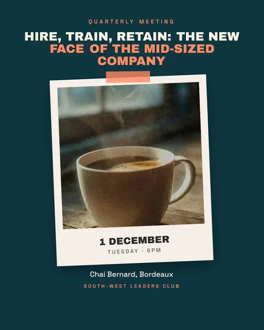 Sample flyer, "Print · Teal and coral" template, Business meetup: "Hire, train, retain: the new face of the mid-sized company"