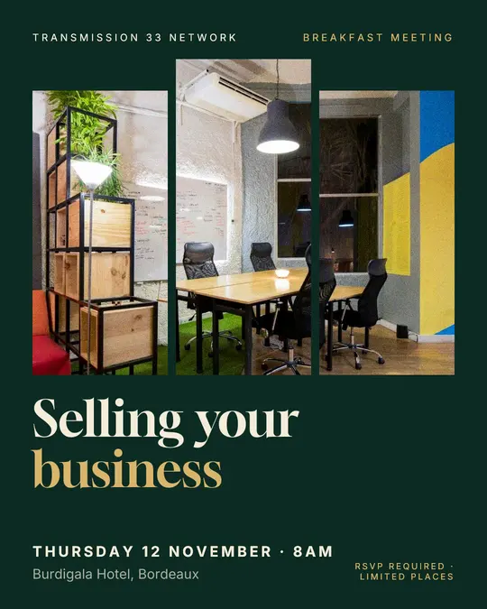 Sample flyer, "Triptych · Golden emerald" template, Business meetup: "Selling your business"