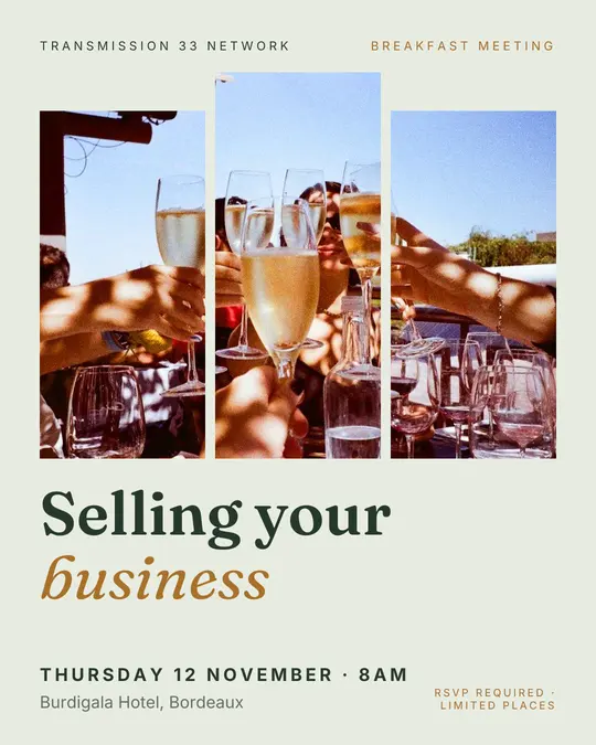 Sample flyer, "Triptych · Sage and ochre" template, Business meetup: "Selling your business"