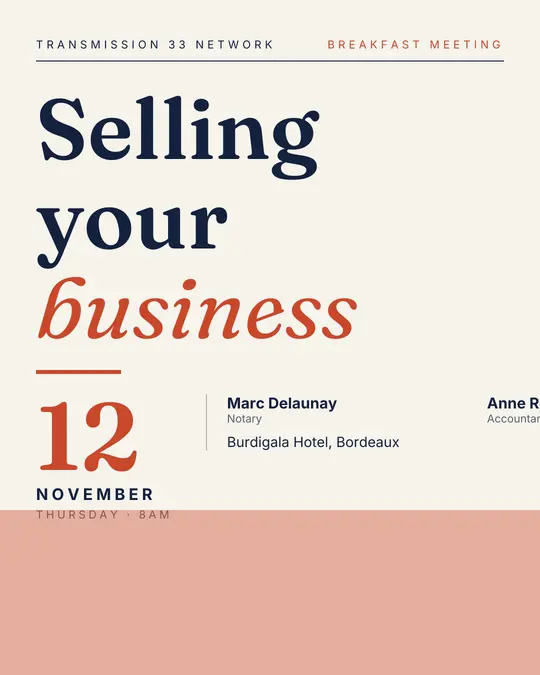 Sample flyer, "Typographic · Paper and navy" template, Business meetup: "Selling your business"
