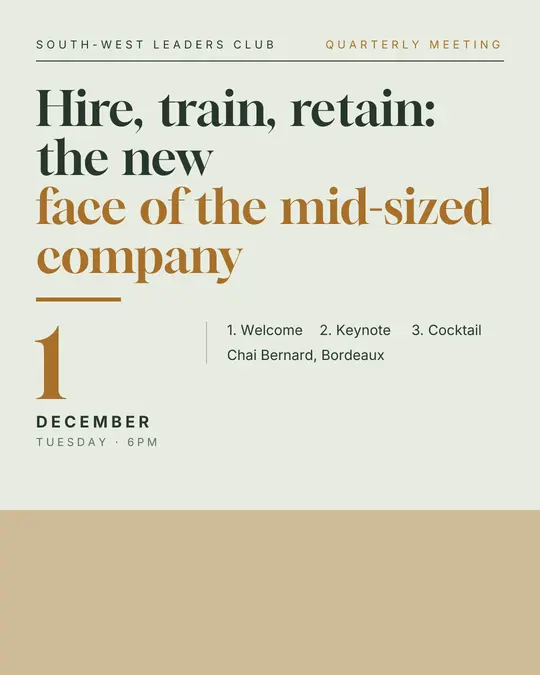 Sample flyer, "Typographic · Sage and ochre" template, Business meetup: "Hire, train, retain: the new face of the mid-sized company"