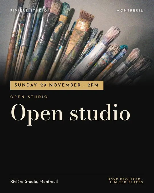 Sample flyer, "Banner · Black and gold" template, Opening & launch: "Open studio"