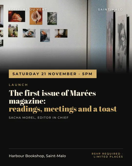Sample flyer, "Banner · Black and gold" template, Opening & launch: "The first issue of Marées magazine: readings, meetings and a toast"