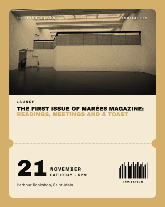 Sample flyer, "Ticket · Black and gold" template, Opening & launch: "The first issue of Marées magazine: readings, meetings and a toast"