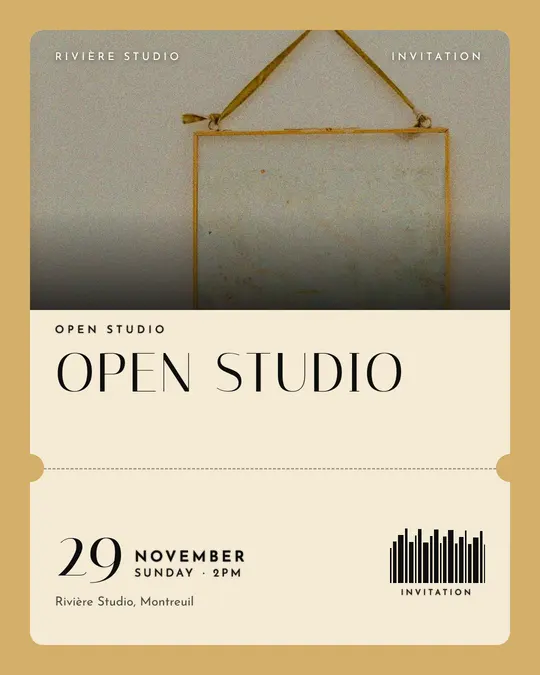 Sample flyer, "Ticket · Black and gold" template, Opening & launch: "Open studio"