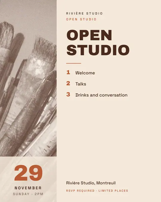 Sample flyer, "Column · Sand and terracotta" template, Opening & launch: "Open studio"
