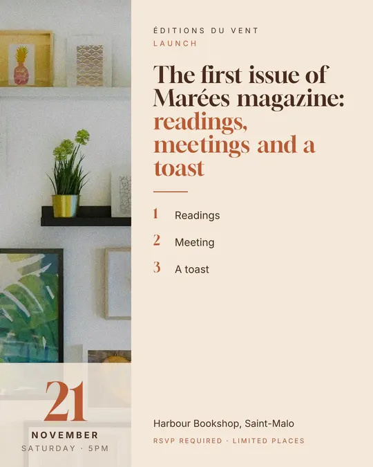 Sample flyer, "Column · Sand and terracotta" template, Opening & launch: "The first issue of Marées magazine: readings, meetings and a toast"