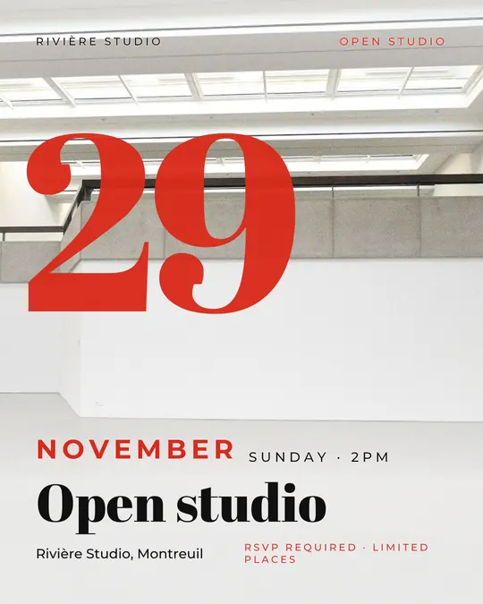 Sample flyer, "Giant date · White and red" template, Opening & launch: "Open studio"
