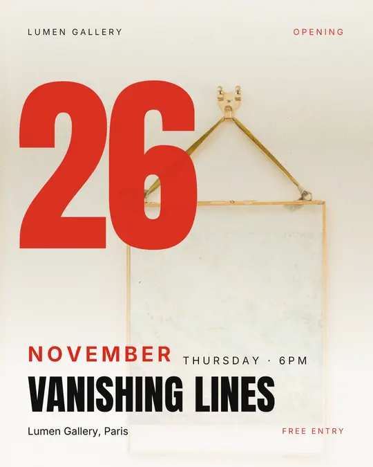 Sample flyer, "Giant date · White and red" template, Opening & launch: "Vanishing lines"