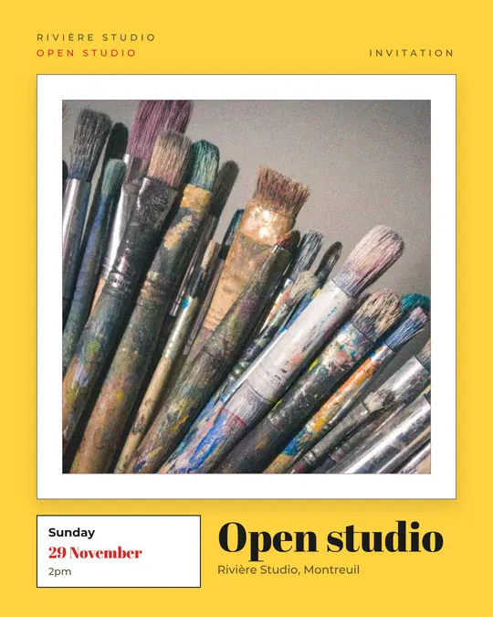 Sample flyer, "Gallery · Sunshine" template, Opening & launch: "Open studio"