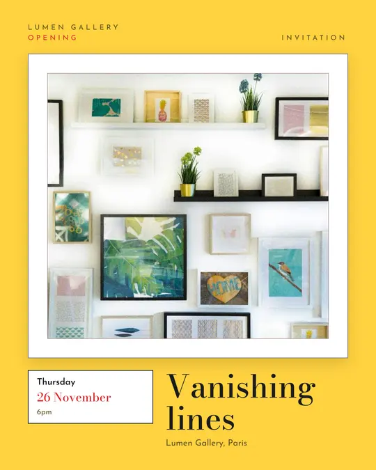 Sample flyer, "Gallery · Sunshine" template, Opening & launch: "Vanishing lines"