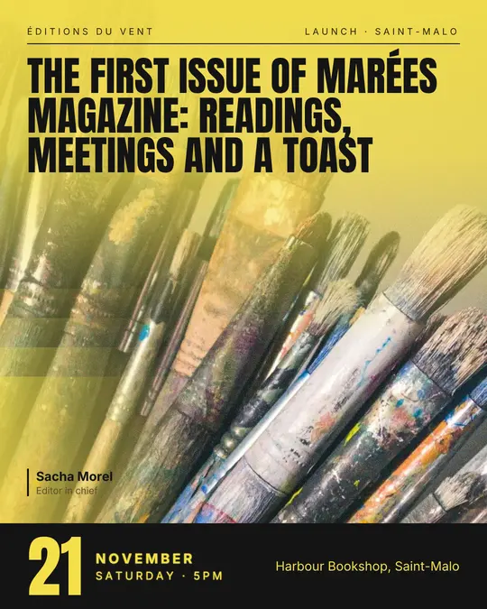 Sample flyer, "Cover · Lemon and black" template, Opening & launch: "The first issue of Marées magazine: readings, meetings and a toast"