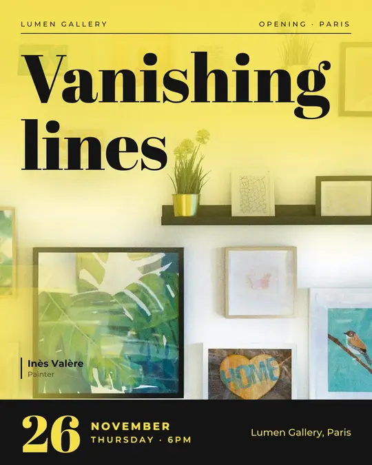 Sample flyer, "Cover · Lemon and black" template, Opening & launch: "Vanishing lines"