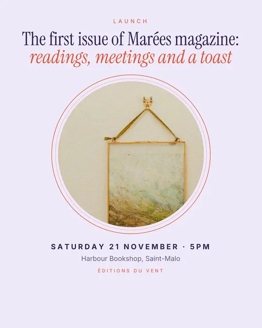 Sample flyer, "Medallion · Lavender and peach" template, Opening & launch: "The first issue of Marées magazine: readings, meetings and a toast"
