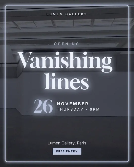 Sample flyer, "Neon · Silver midnight" template, Opening & launch: "Vanishing lines"