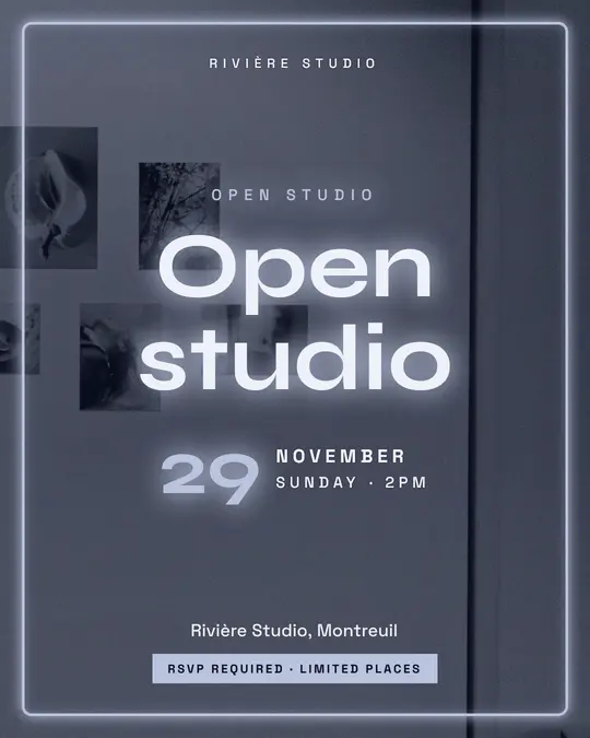 Sample flyer, "Neon · Silver midnight" template, Opening & launch: "Open studio"