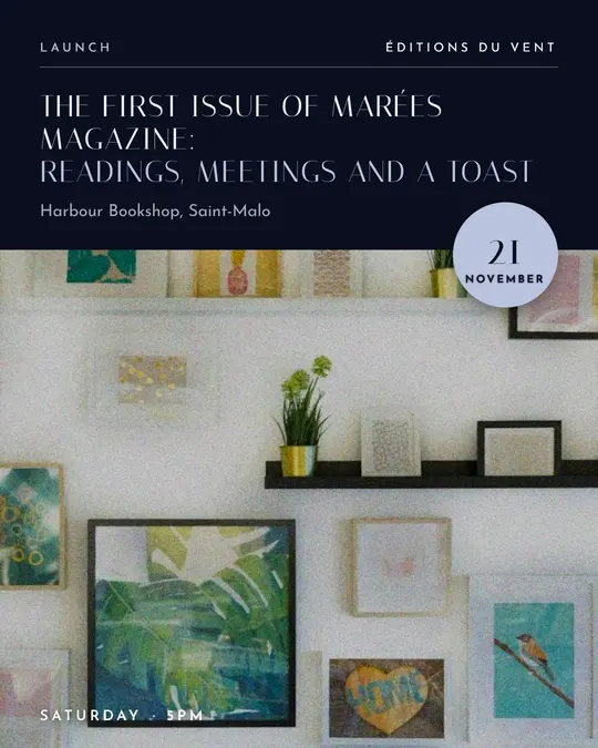 Sample flyer, "Photo foot · Silver midnight" template, Opening & launch: "The first issue of Marées magazine: readings, meetings and a toast"