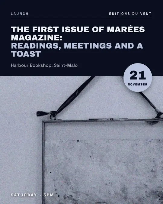Sample flyer, "Photo foot · Silver midnight" template, Opening & launch: "The first issue of Marées magazine: readings, meetings and a toast"