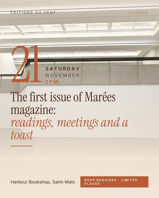 Sample flyer, "Grand poster · Sand and terracotta" template, Opening & launch: "The first issue of Marées magazine: readings, meetings and a toast"