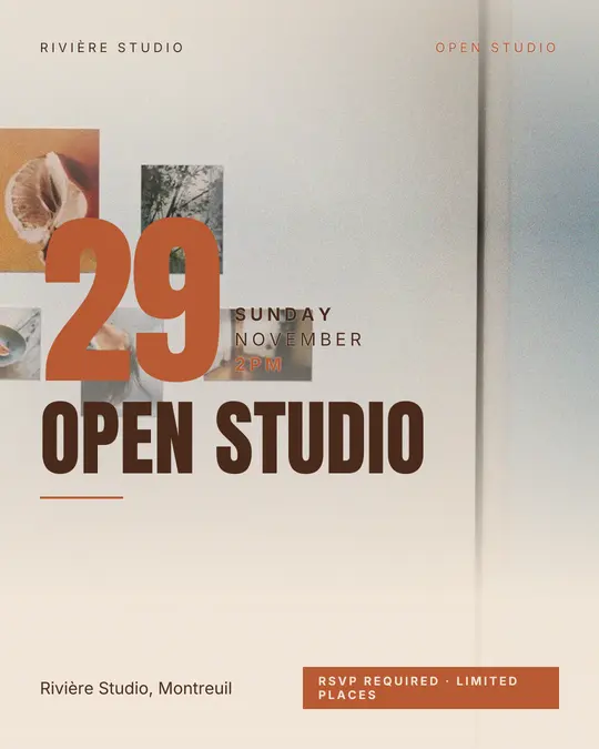 Sample flyer, "Grand poster · Sand and terracotta" template, Opening & launch: "Open studio"