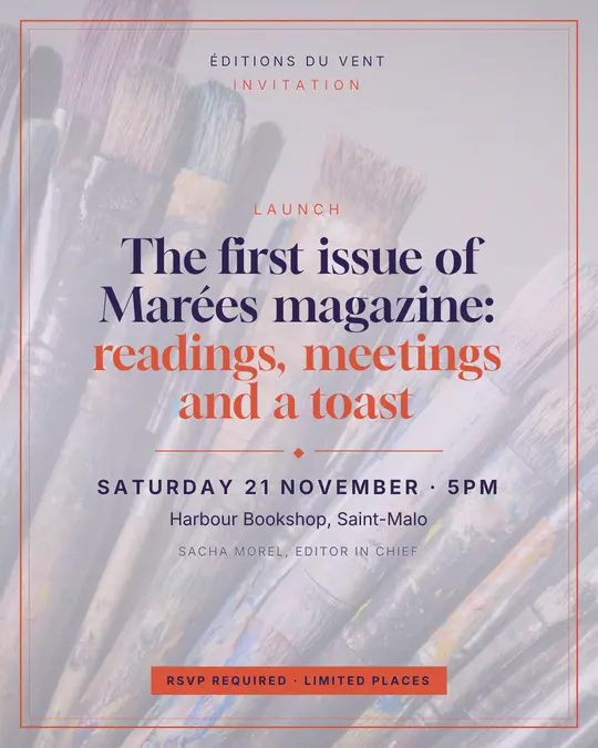 Sample flyer, "Framed card · Lavender and peach" template, Opening & launch: "The first issue of Marées magazine: readings, meetings and a toast"