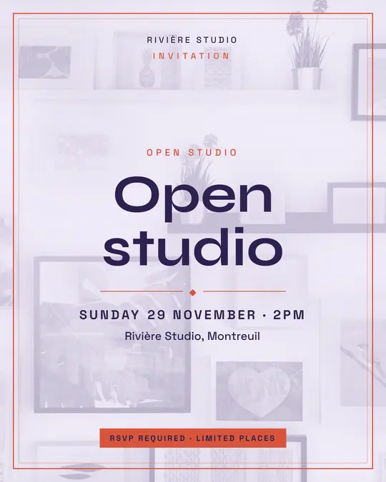 Sample flyer, "Framed card · Lavender and peach" template, Opening & launch: "Open studio"