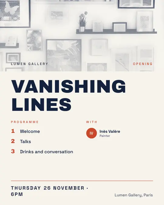 Sample flyer, "Programme · Paper and navy" template, Opening & launch: "Vanishing lines"