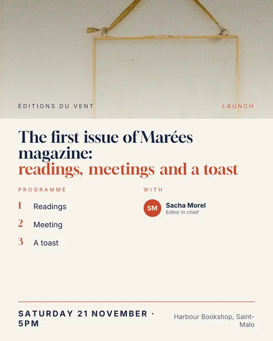 Sample flyer, "Programme · Paper and navy" template, Opening & launch: "The first issue of Marées magazine: readings, meetings and a toast"