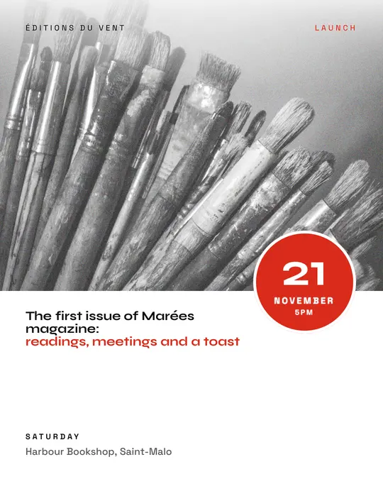 Sample flyer, "Seal · White and red" template, Opening & launch: "The first issue of Marées magazine: readings, meetings and a toast"