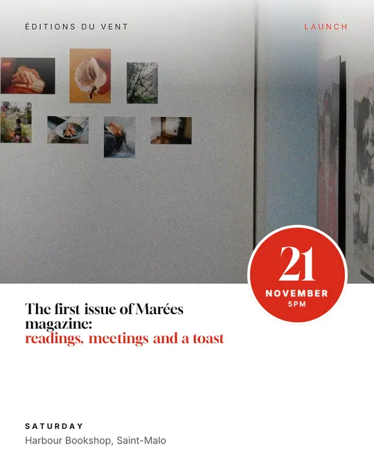 Sample flyer, "Seal · White and red" template, Opening & launch: "The first issue of Marées magazine: readings, meetings and a toast"