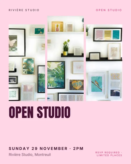 Sample flyer, "Triptych · Candy pink" template, Opening & launch: "Open studio"