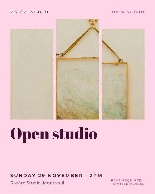 Sample flyer, "Triptych · Candy pink" template, Opening & launch: "Open studio"