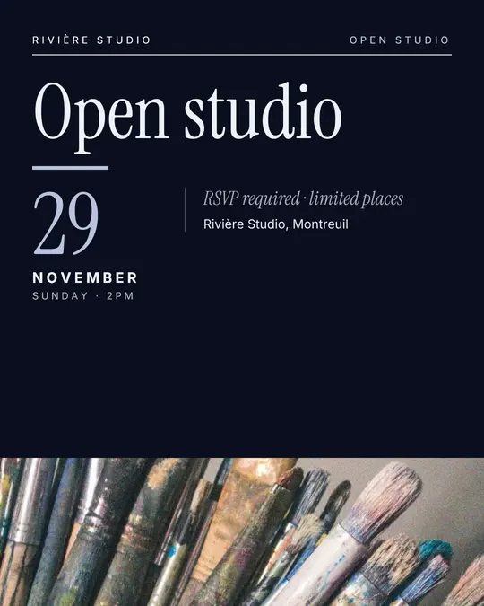 Sample flyer, "Typographic · Silver midnight" template, Opening & launch: "Open studio"